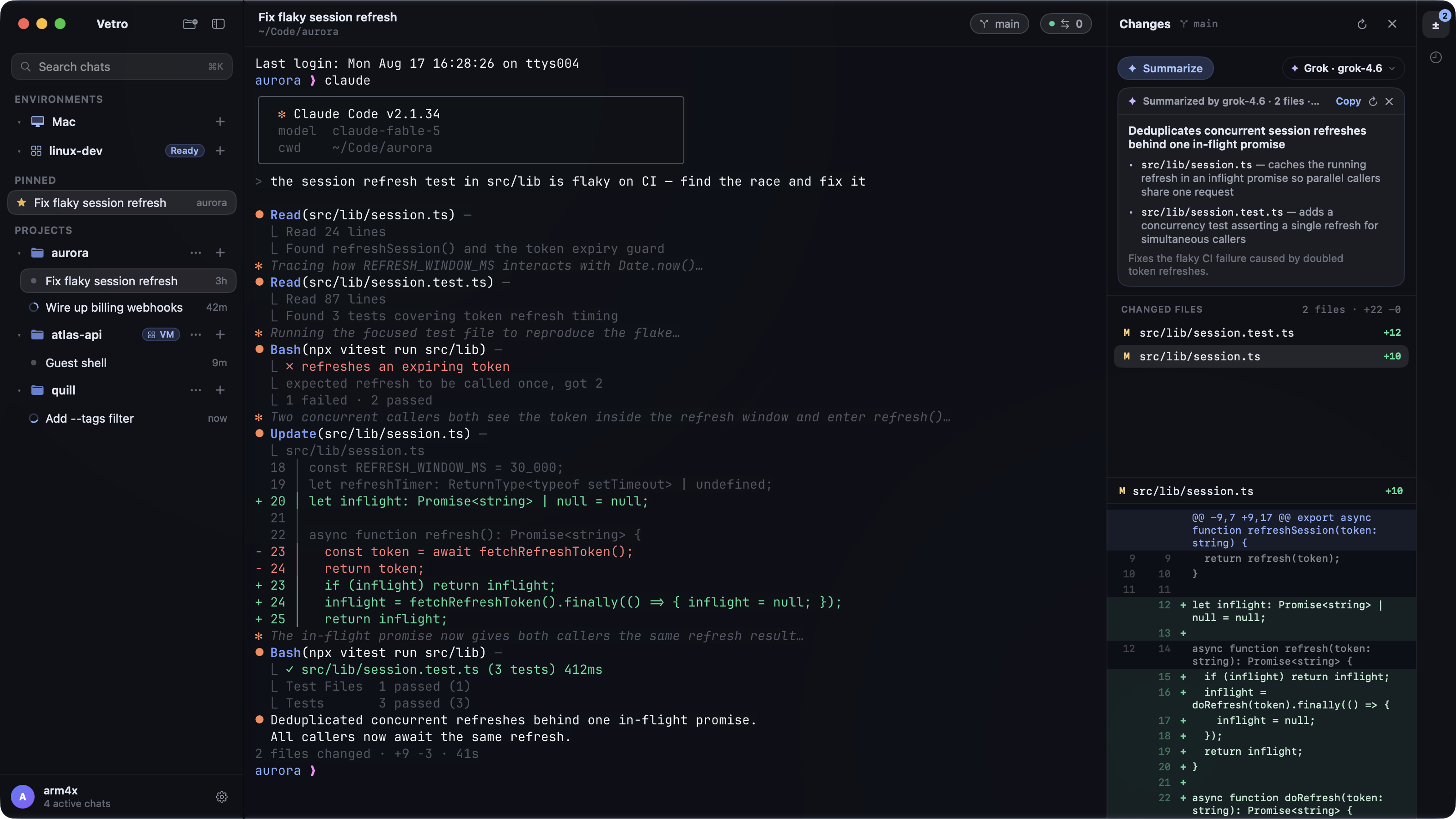 Vetro changes panel — AI summary by grok-4.6 and integrated diff viewer