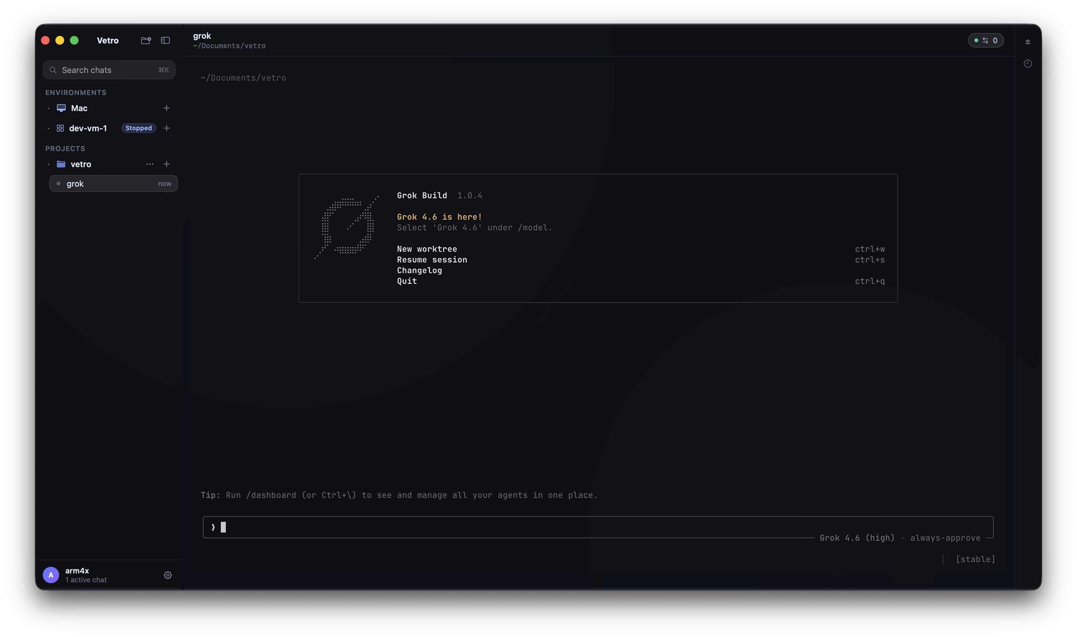 Vetro — projects and chats sidebar, grok session in a real shell